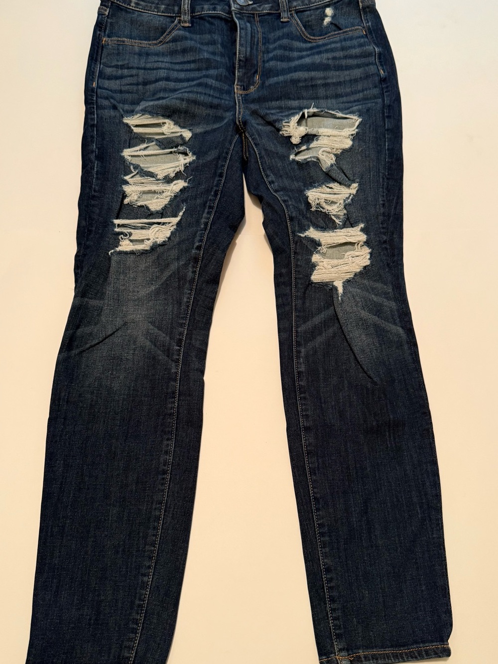 American Eagle Outfitters Dark Blue Distressed Straight Leg Jeans